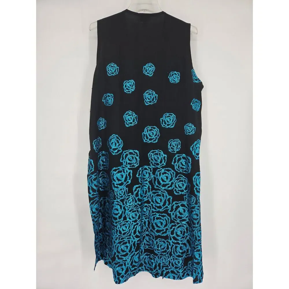 LuLaRoe Elegant Joy Black Blue Rose Glitter Long Cardigan Vest Duster NWT Large - Picture 4 of 7